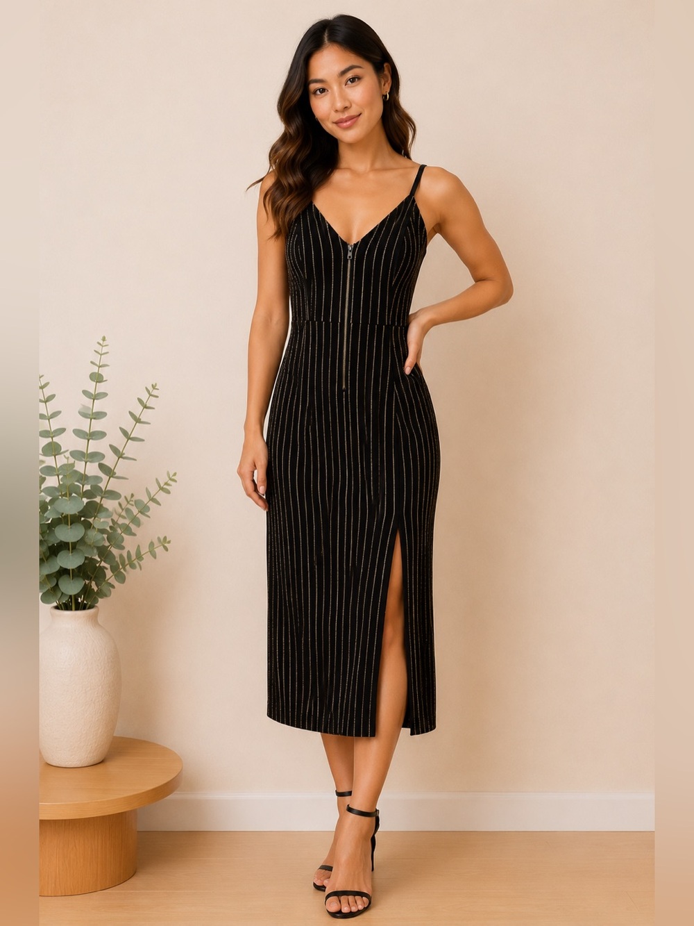 Windsor Black Gold Stripe Midi Dress Side Slit Adjustable Straps Size S